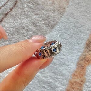 925 Silver White Gold-plated Ring with Heart Shaped Blue Cubic Zirconia. US 7